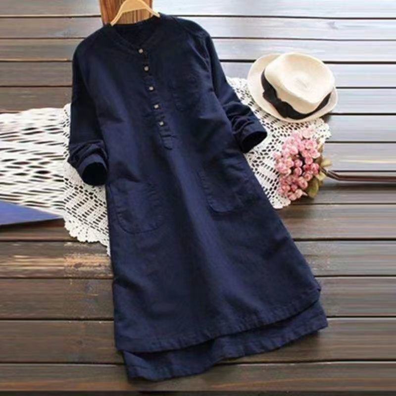 루즈한 단색 리넨 드레스, 분위기 있는 여성복, 라벨  - Winter Clothing Label 리뷰 및 가격