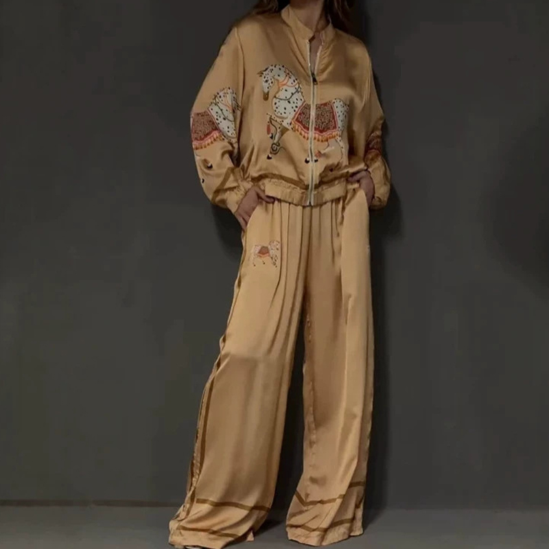 빈티지 동물 프린트 긴 소매 지퍼 코트와 바지 세트 가 - Winter Clothing Women Sale 리뷰 및 가격
